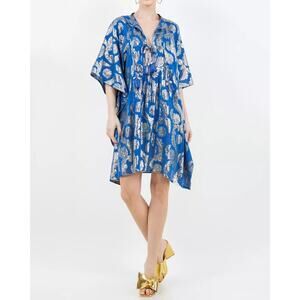 Meghan Fabulous Blue Gold Oversized Palm Springs Dress OS